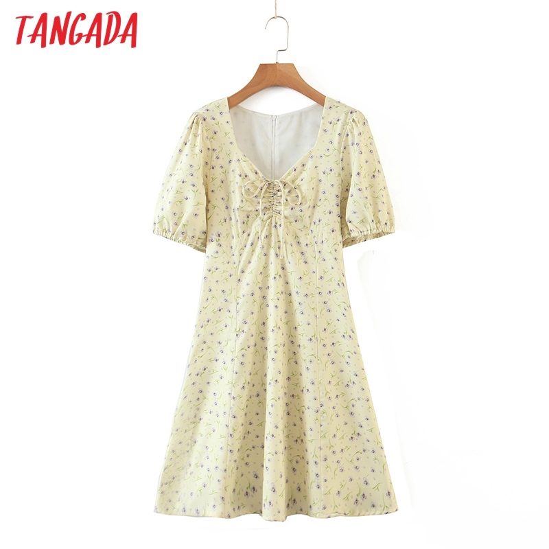Summer Women Yellow Flowers Print Pleated Square Neck Short Sleeve Ladies Mini Dress 8M2 210416