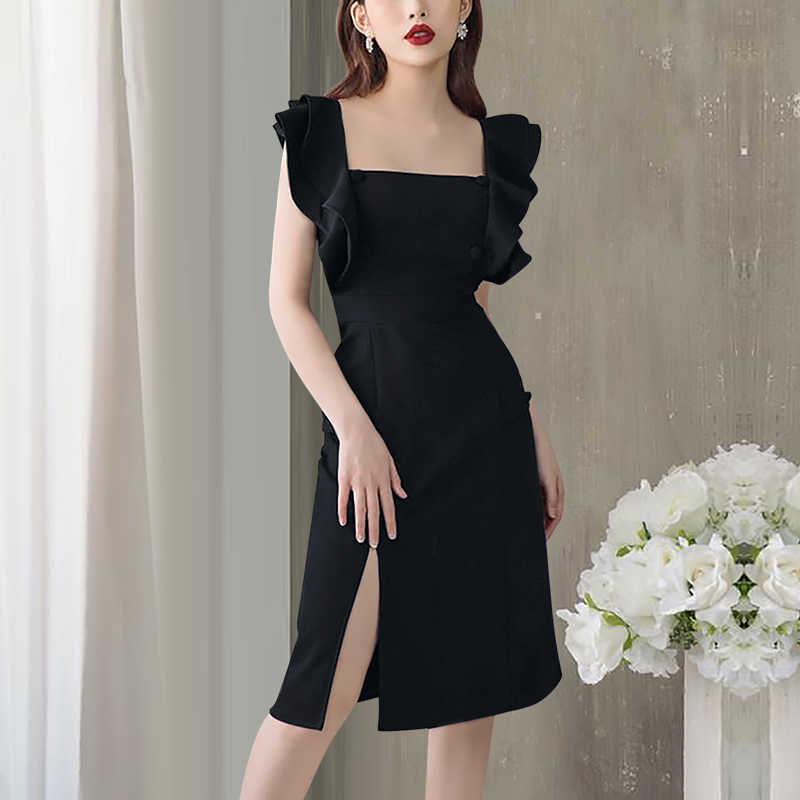 French Women Elegant Ruffles Sleeveless Vintage Square Collar Black Slim Dress Bodycon Sexy Split Party Vestidos 210526, Photo color
French Women Elegant Ruffles Sleeveless Vintage Square Collar Black Slim Dress Bodycon Sexy Split Party Vestidos 210526, Photo color