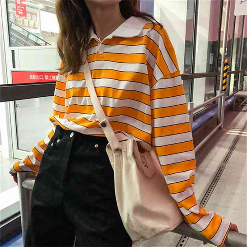 Loose Casual Vintage Striped All Match College Wind Long Sleeve Turn Down Collar Female Women Basic T-shirts 210406