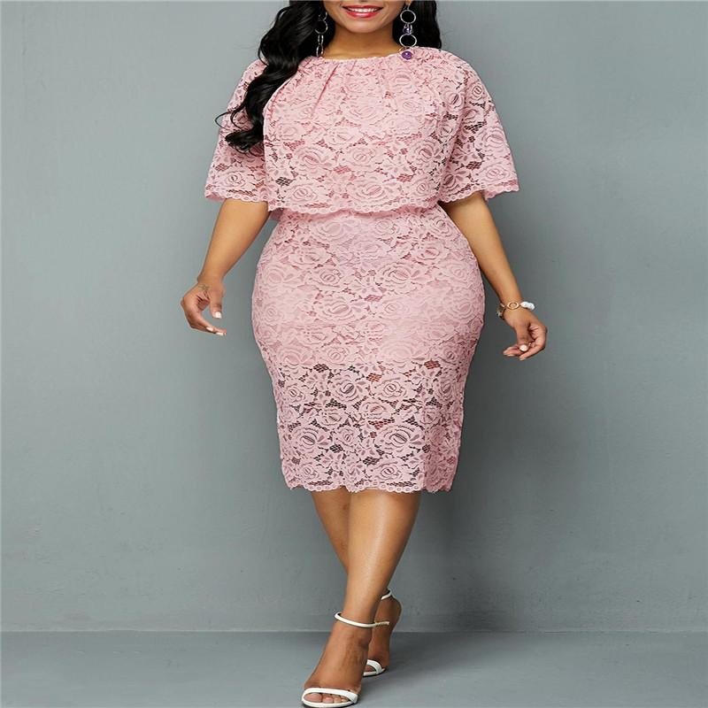 Casual Dresses Ladies Summer/Fall 2021 Plus-size Dress Elegant Pink Lace Dinner