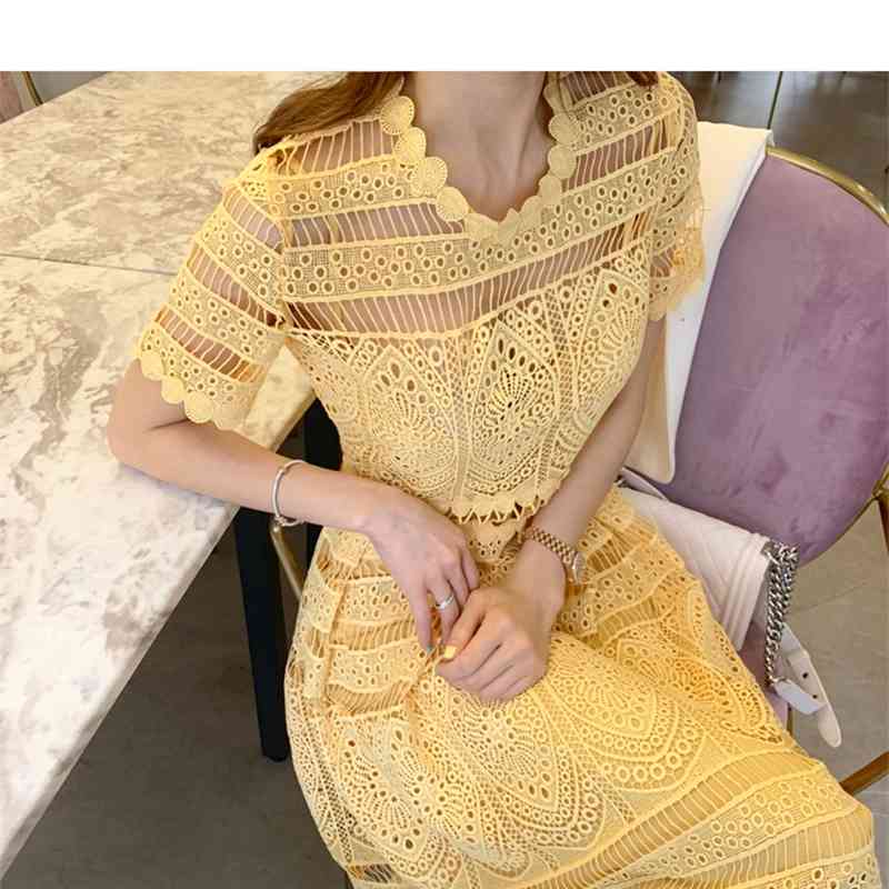 Fashion Summer Hollow Out Lace Dress Women Short sleeve Holidays Big Swing Long es Casual Sweet yellow Vestidos 210520