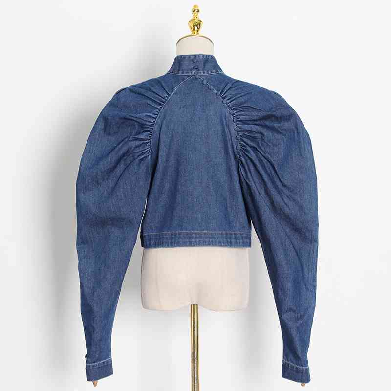 VGH Casual Denim Short Shirt For Women Stand Collar Puff Sleeve Solid Minimalist Blouse Female Fall Fashion New Clothing 210421