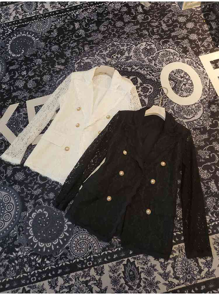 Fashion Summer Jackets Coats Women Lace Blazer Casual Long Sleeve Vintage White Female Double-breasted s Coat 210506