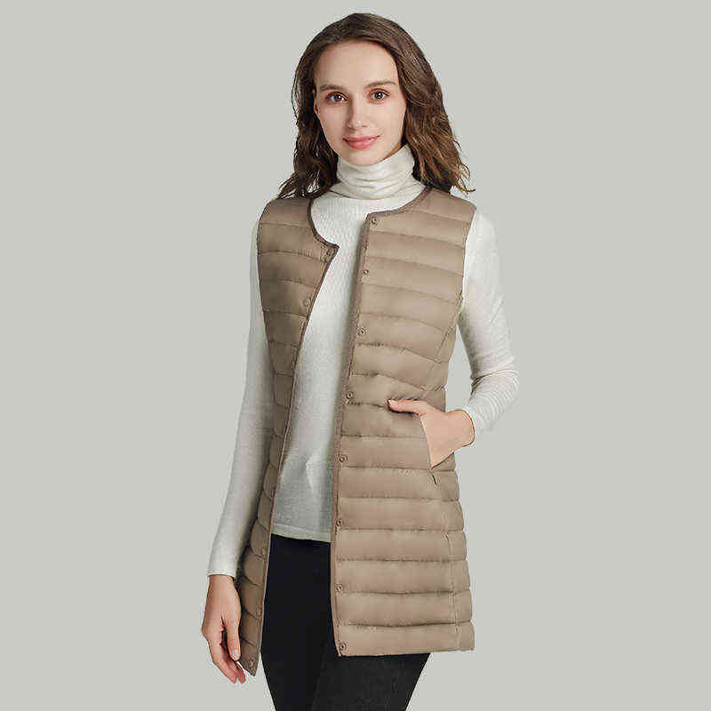 Bang Matt Fabric Women's Long Vest Ultra Light Down Women Waistcoat Female Coat Slim Sleeveless Without Collar 211120