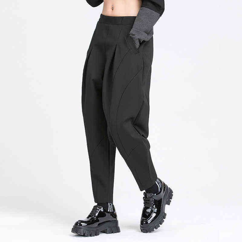 [EAM] High Elastic Waist Black Long Split Joint Harem Trousers Loose Fit Pants Women Fashion Spring Autumn 1Y766 211115
