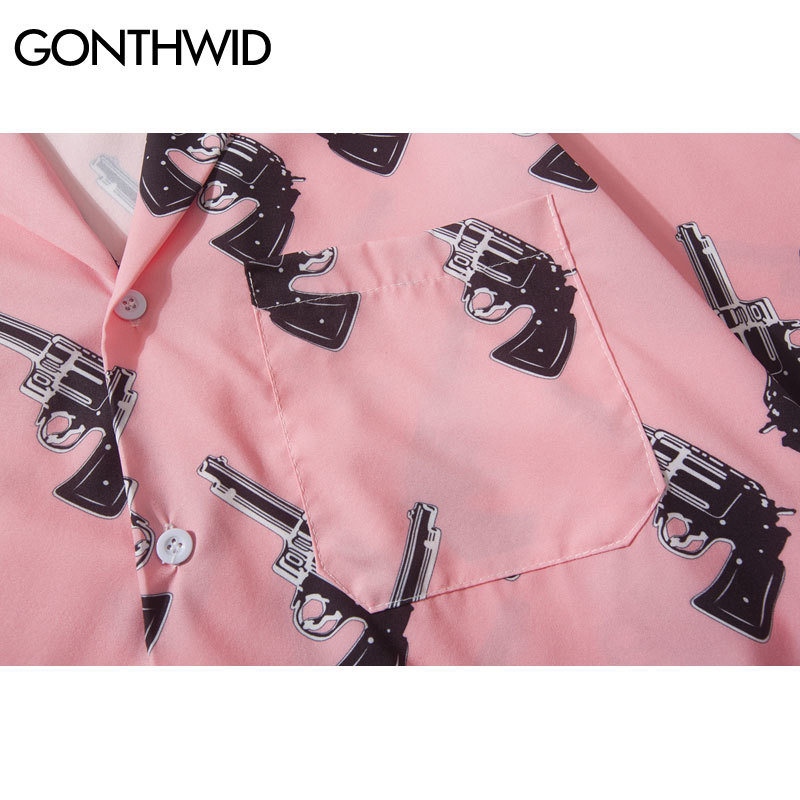 GONTHWID Pistol Gun Print Pink Beach Hawaiian Aloha Shirts Summer Mens Casual Short Sleeve Shirt Male Fashion Shirts Tops 210410