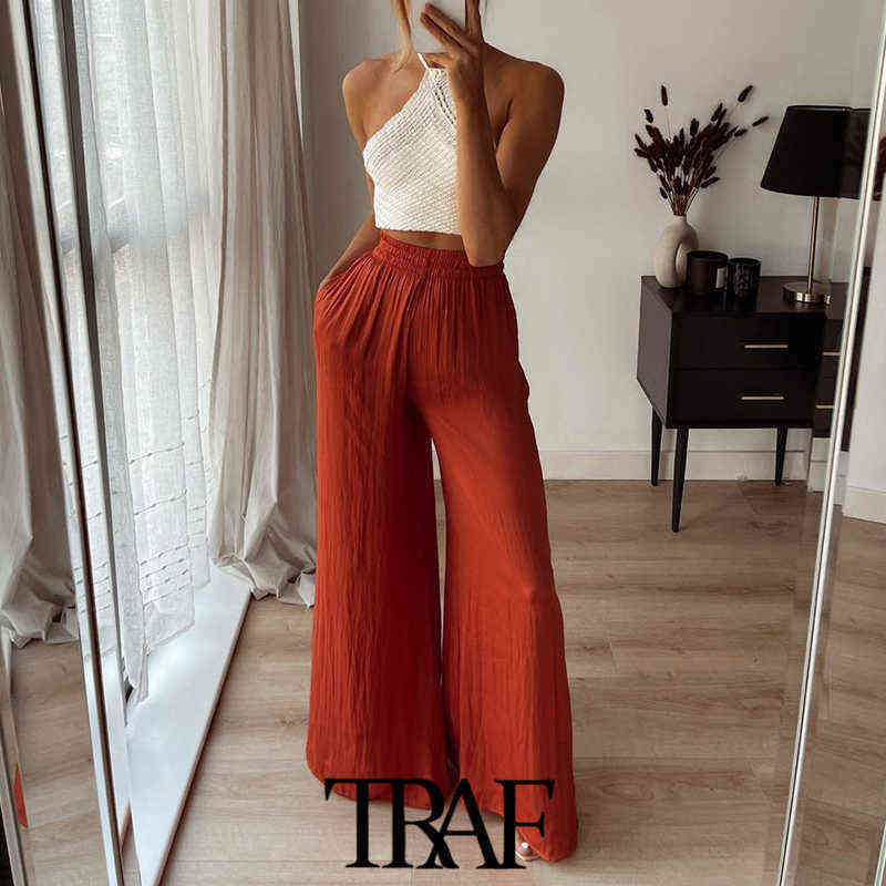 TRAF Women Chic Fashion Side Pockets Soft Touch Wide Leg Pants Vintage High Elastic Waist Female Trousers Mujer 211115