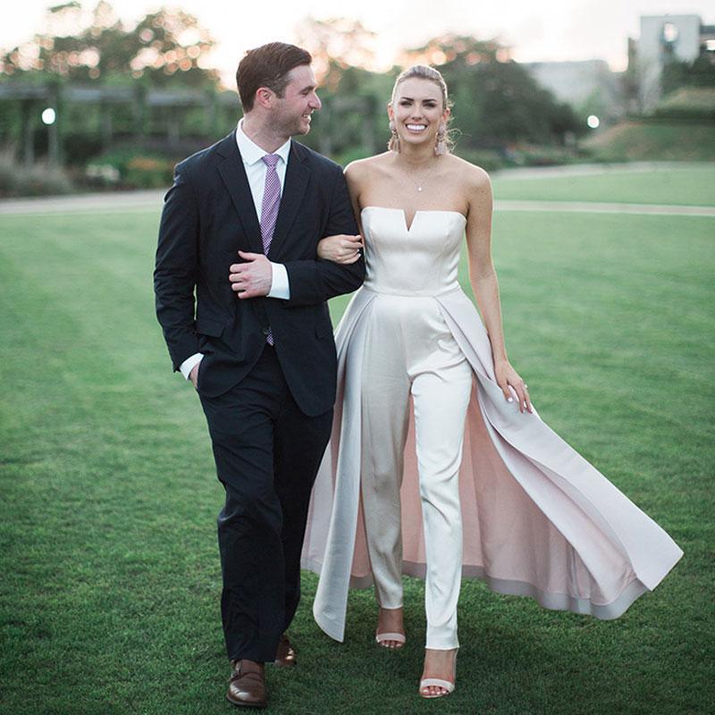 Ivory Satin Wedding Gowns With Overskirt Jumpsuits country boho Bridal Dresses outfit With Pants Sweep TrainVestido De Novia