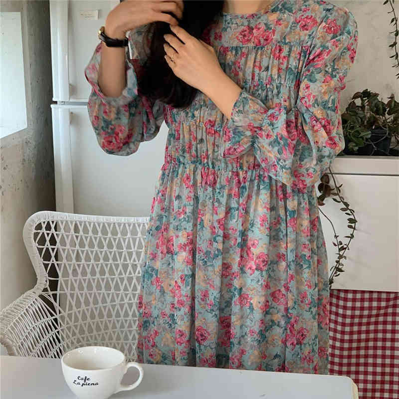 Spring Fashion O-Neck Puff Long Sleeve Floral Chiffon Dress Vintage Women Temperament Casual Elegant Robe 210519