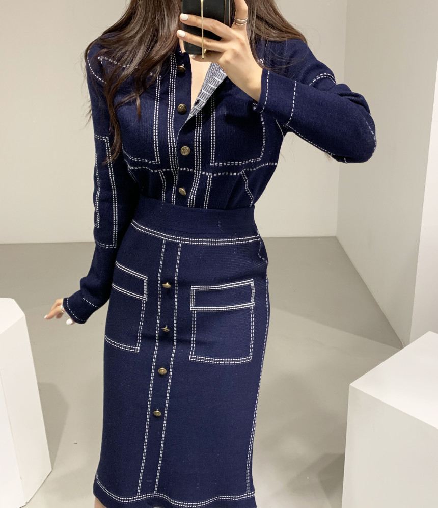 Two Pieces Single-Breasted Knitted Top +High Waist Color Matching Winter Casual Fashion Women Suit 210520