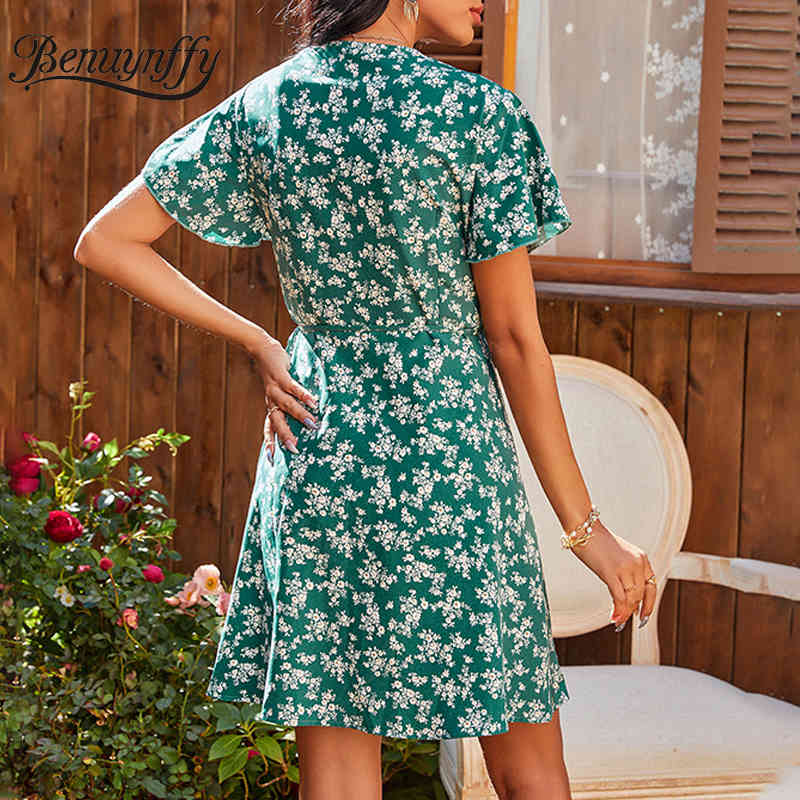 V-neck Floral Print Tie Waist Wrap Dresses Short Sleeve Women Boho Holiday A-Line Mini Summer 210510