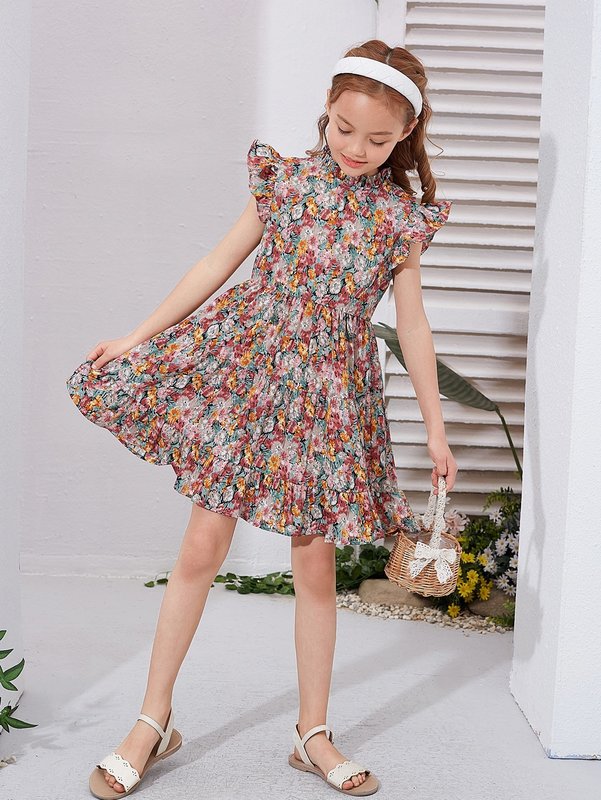 Girls Mock Neck Butterfly Sleeve Allover Floral Dress SHE