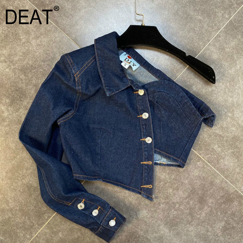 Spring Single Long Sleeve One Shoulder Skew Collar Dark Blue Irregular Denim Shirt Women Top Streetwear MK081 210525, As picture
Spring Single Long Sleeve One Shoulder Skew Collar Dark Blue Irregular Denim Shirt Women Top Streetwear MK081 210525, As picture