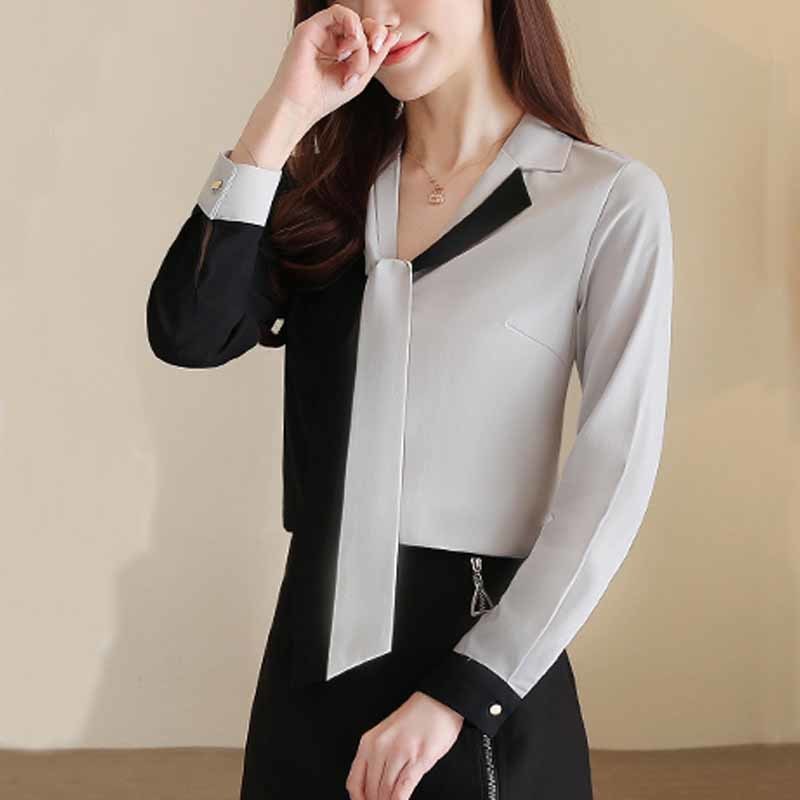 Autumn Korean Style Long-Sleeve Chiffon Blouse Loose Plus Size Gray Women Shirt V Neck Ladies Clothing 10753 210518