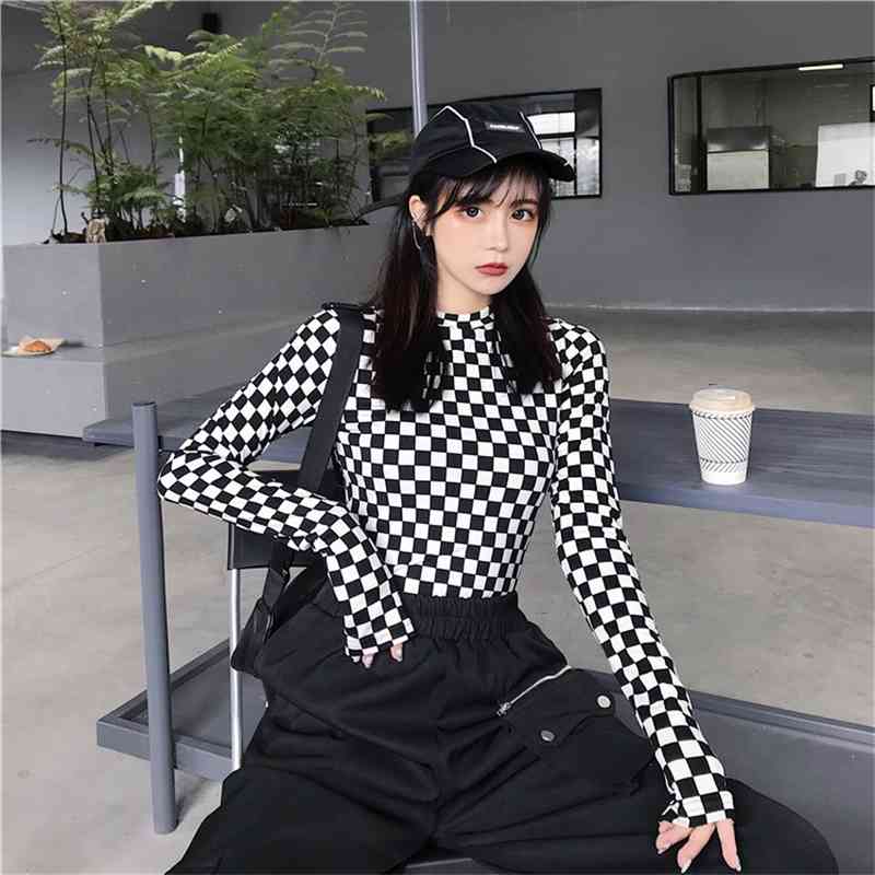 Black & White Checkered Mesh Long Sleeve Mock Neck Cropped Top Women's T-shirts Altgirl Outfit / 210406