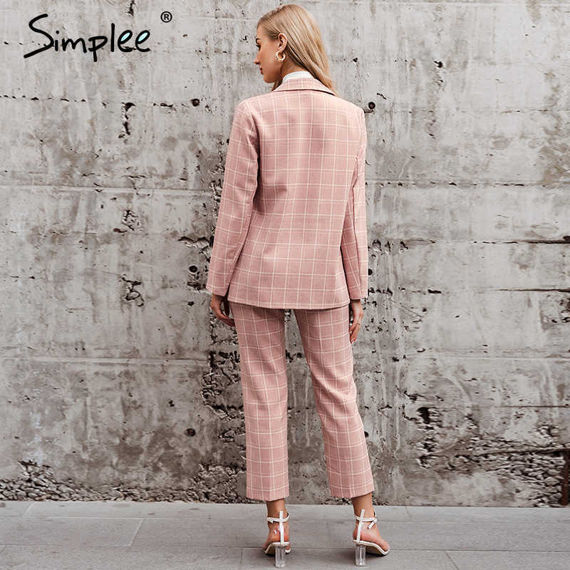 Fashion plaid women blazer suits Long sleeve double breasted blazer pants set Pink office ladies two-piece blazer sets 211007