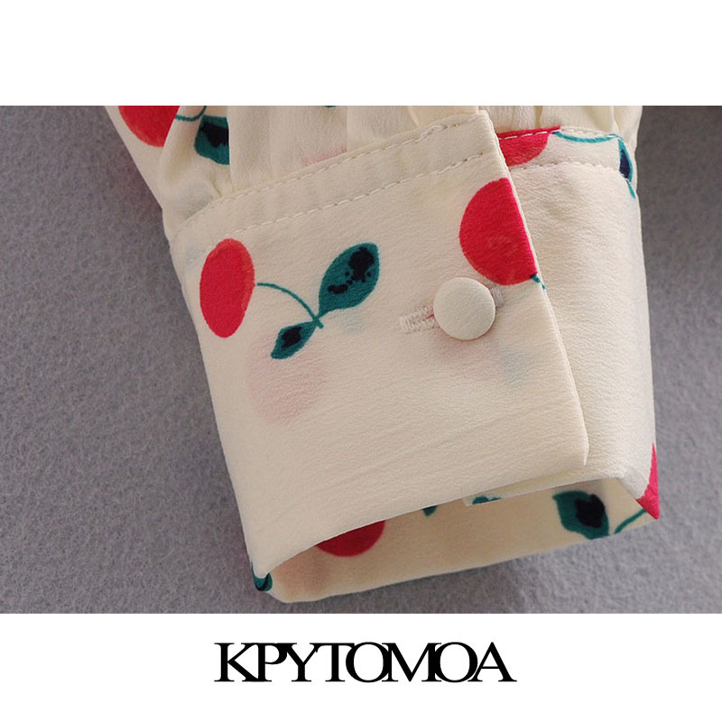 Women Fashion Cherry Print Loose Blouses Long Sleeve Button-up Female Shirts Blusas Chic Tops 210420