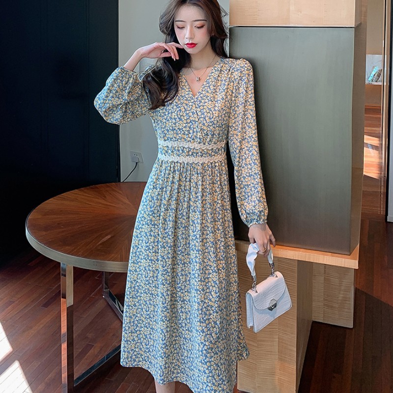 Spring Elegant Chiffon Dress for Women V-Neck Floral Print Female Long Sleeve A-line Midi Robe Vestidos 210519