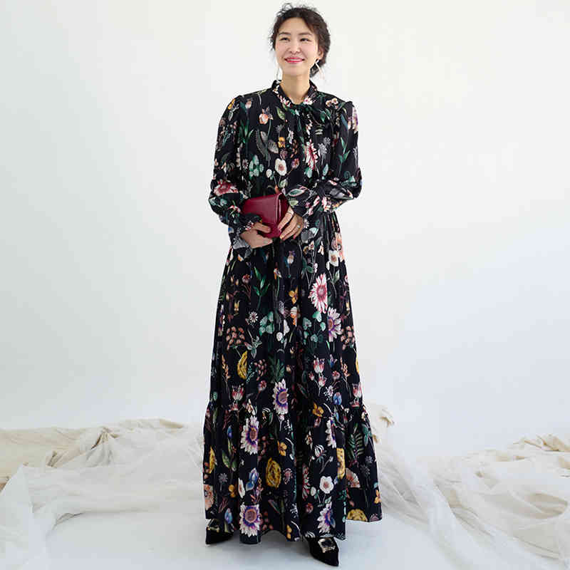 Spring Autumn Women Vintage Loose High Waist Slim Was Thin Elegant Flowers Big Swing Maxi Dress 210427