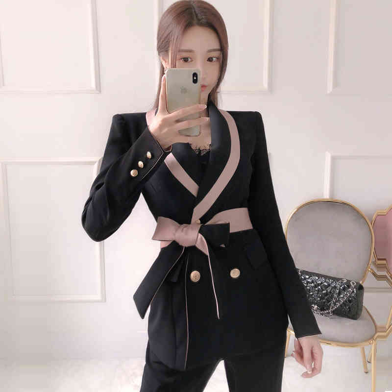 Spring Pants Suit Lace-up Breasted Jacket And Long Business 2 Pieces Korean Slim Work Wear Blazer Set 210506