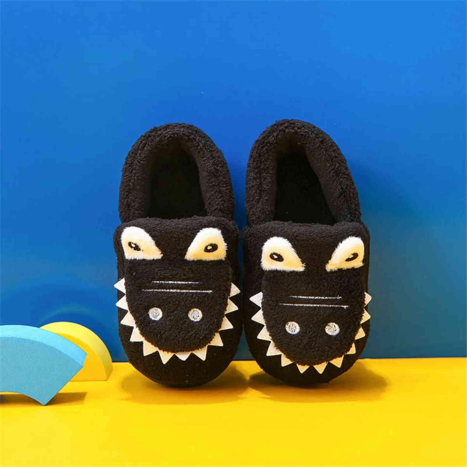 Winter Warm Home Kids Fur Slippers Cute dinosaur Pattern Indoor Cartoon Baby Slippers Soft Sole Rubber Bottom Children Shoes 211119