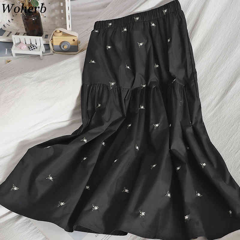 Embroidery Floral Long Pleated Skirt Women Fashion Summer A Line High Waist Maxi Female Aesthetic 210519