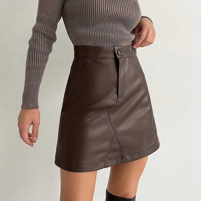 Winter Autumn Women Sexy Leather A-Line Short Mini Skirt Solid Black High Waist Club Party Slim Bodycon For Female 211119