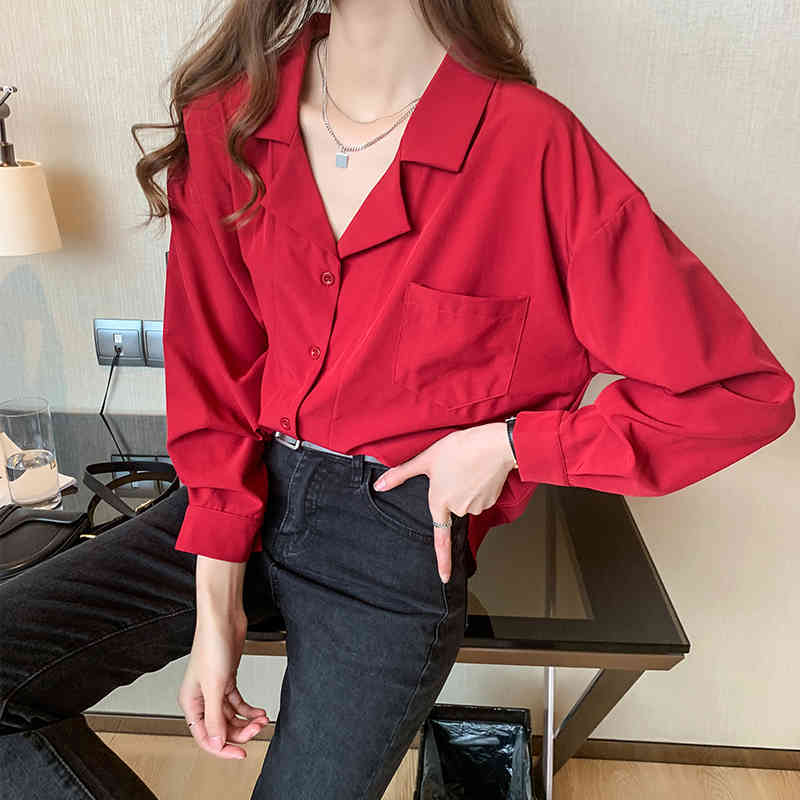 Autumn Red Chiffon Long Sleeve Office Lady Women's Blouse Professional Notched Collar Loose Cardigan Shirt Blusas 10692 210518