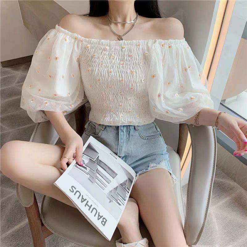 Summer Puff Sleeve Elegant Crop Top Female Chiffon Floral Blouse and Tops Womne Shirt Beach Blouse for Females Korean Chic 210521