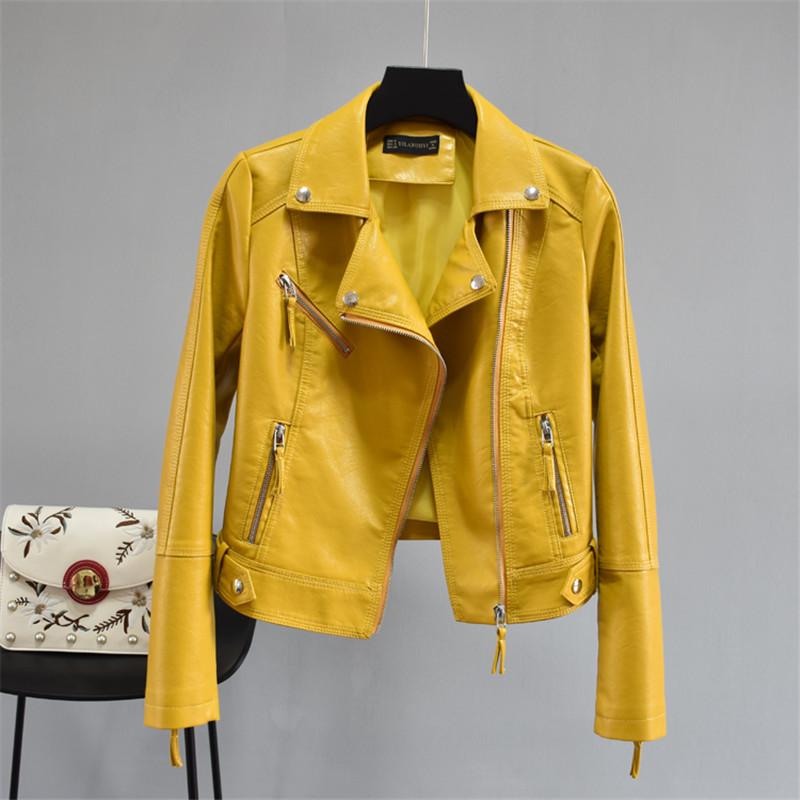Women Soft Motorcycle Faux Leather Jackets Ladies Long Sleeve Autumn Winter Basic Street Black Green Yellow Red Coat Women's &