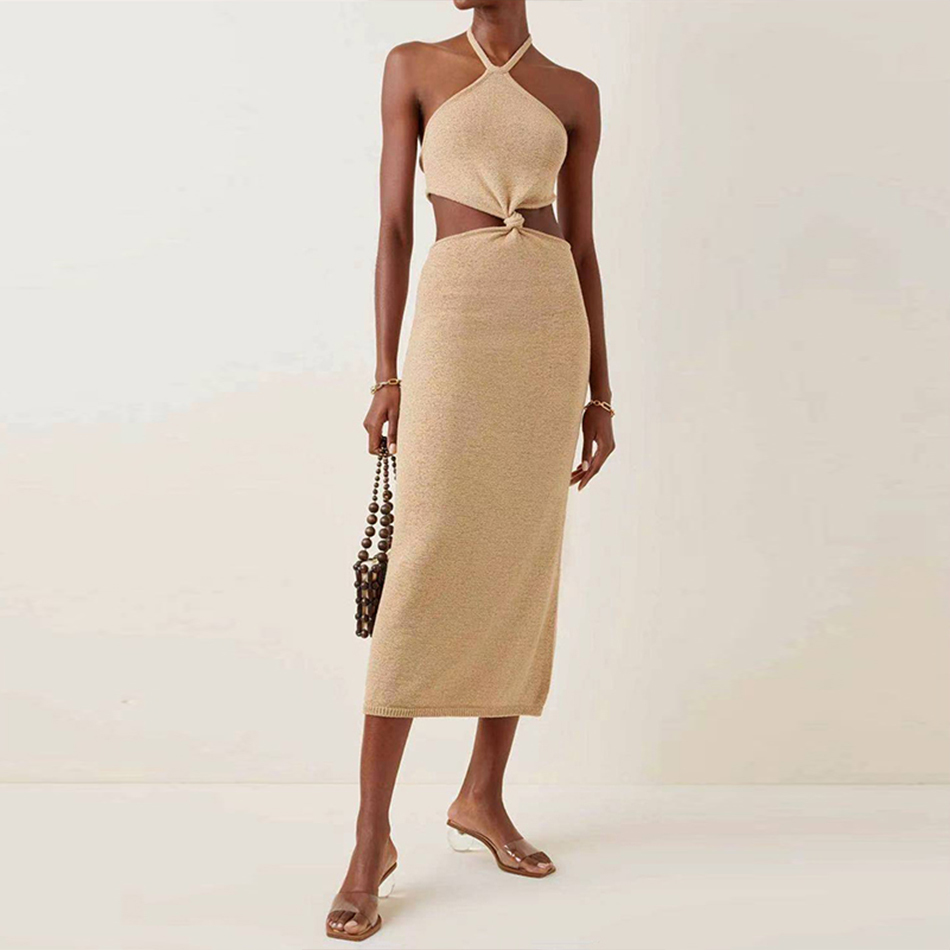 Summer Women Halter Hollow Out Bandage Dress Sexy Sleeveless Brown Celebrity Evening Runway Club Party Maxi 210423