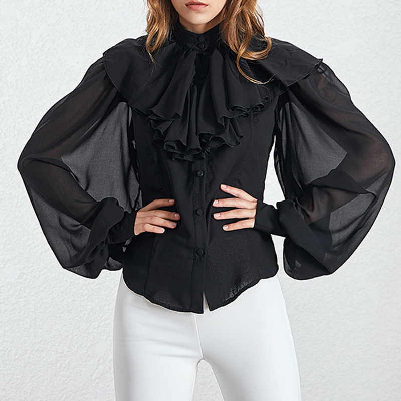 Vintage Elegant Chiffon Blouses for Women Fashion Silm Ruffles Lantern Sleeve Shirts Temperament All-match Blusas De Mujer 210525