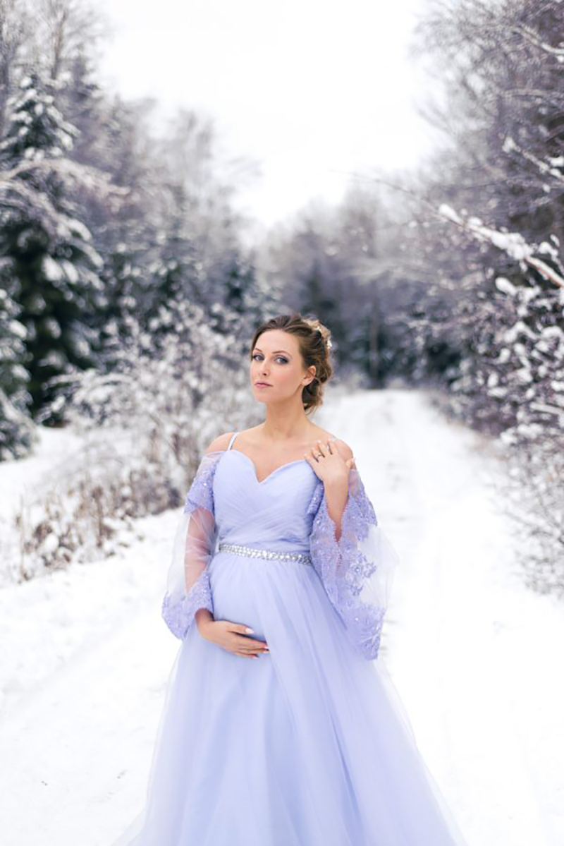 Light Purple Tulle Sleepwear Maternity Dresses Long Sleeve Off Shoulder Lace Appliques Custom Made Robes For Photography