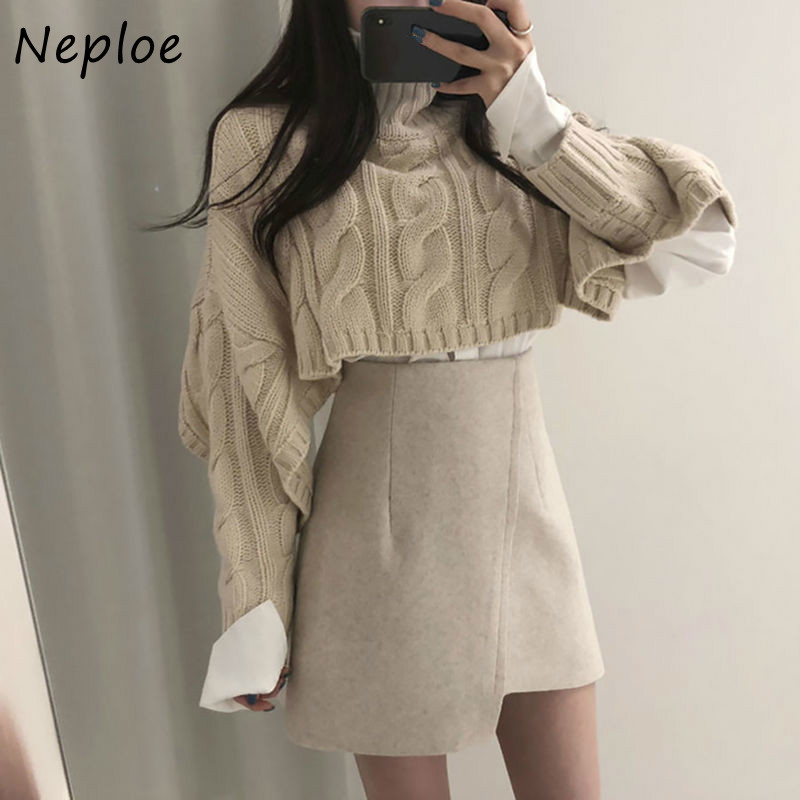 2 Piece Set Women Korean Turtleneck Long Sleeve Sweaters+Irregular High Waist Mini Skirts Autumn Fashion Suits 210422