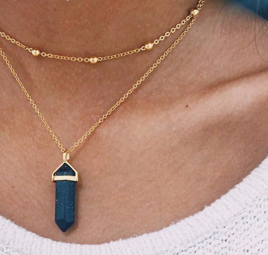 Natural Stones Beads Necklace Women Crystals Quartz Chakra Bullet Hexagonal Prism Point Healing Pendant Necklaces Fashion Double Layer Gold Link Chain