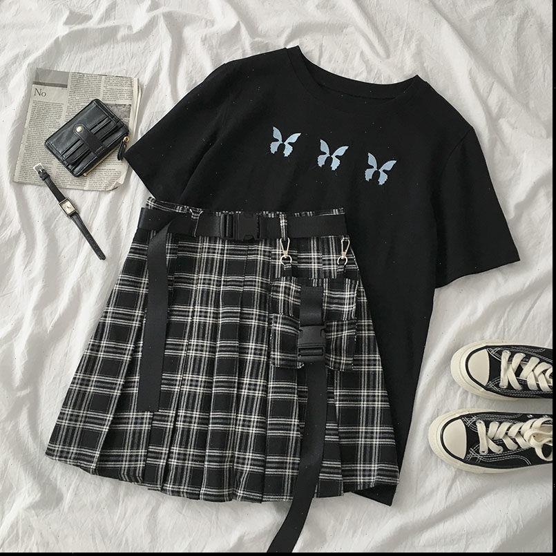 black gothic casual 2 pieces womens pants skirts set butterfly embroidery short sleeve t shirt high waist belt mini skirt, White
black gothic casual 2 pieces womens pants skirts set butterfly embroidery short sleeve t shirt high waist belt mini skirt, White
