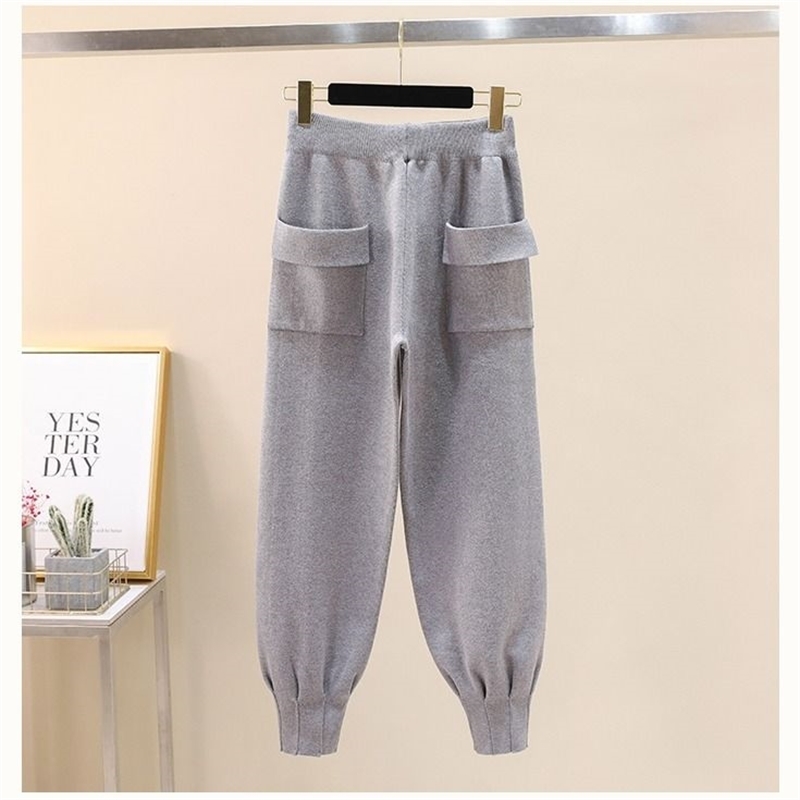 Nomikuma Spring Autumn Knitted Harem Pants Korean Double Pockets Solid Causal Ankle Trousers New Women Sweater Pants 6E258 210427