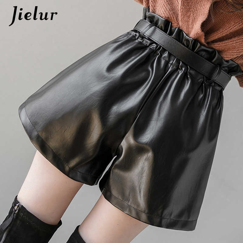 Jielur PU Autumn Winter Women Shorts Slim High Waist Solid Color Shorts Womens Chic Korean Belt Leather Short Trousers S-XL 210611