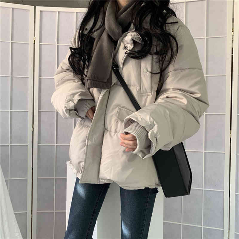 Winter Coat Women OL Formal Loose Solid Stand Collar Thicken Warm Casual Padded Jacket Outwear Parkas 210421