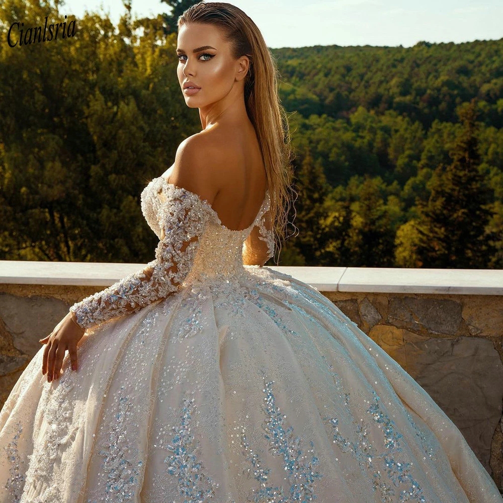 Sparkly Sequined Appliques Long Sleeve Dubai Saudi Arabic Ball Wedding Dress Off The Shoulder Open Back Bridal Gown 0431