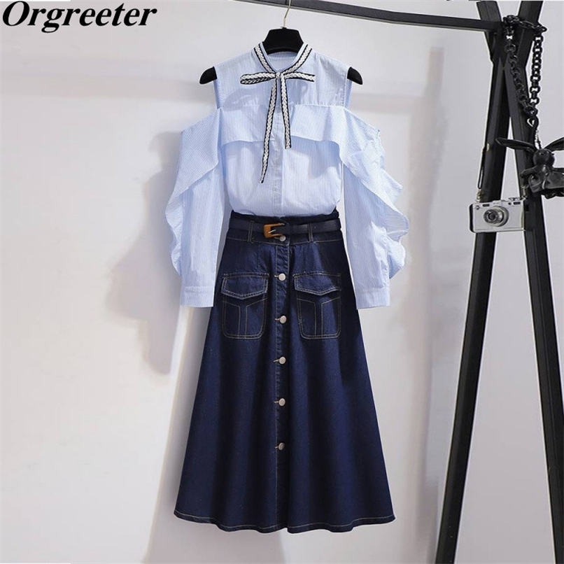 Elegant Office ladies Suits Spring Fall Sexy Strapless Long Sleeve Ruffles Lace-Up Striped Shirt and Denim Skirt Sets 210602, 2 piece set
Elegant Office ladies Suits Spring Fall Sexy Strapless Long Sleeve Ruffles Lace-Up Striped Shirt and Denim Skirt Sets 210602, 2 piece set