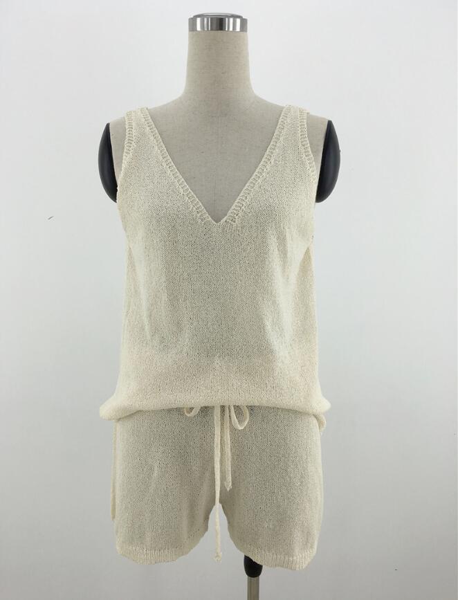 2 Pieces Set BOHO Apricot Knitted Suits Women Sleeveless Tanks and Shorts Elegant Summer High Waist Beach Bikini Romper 210429