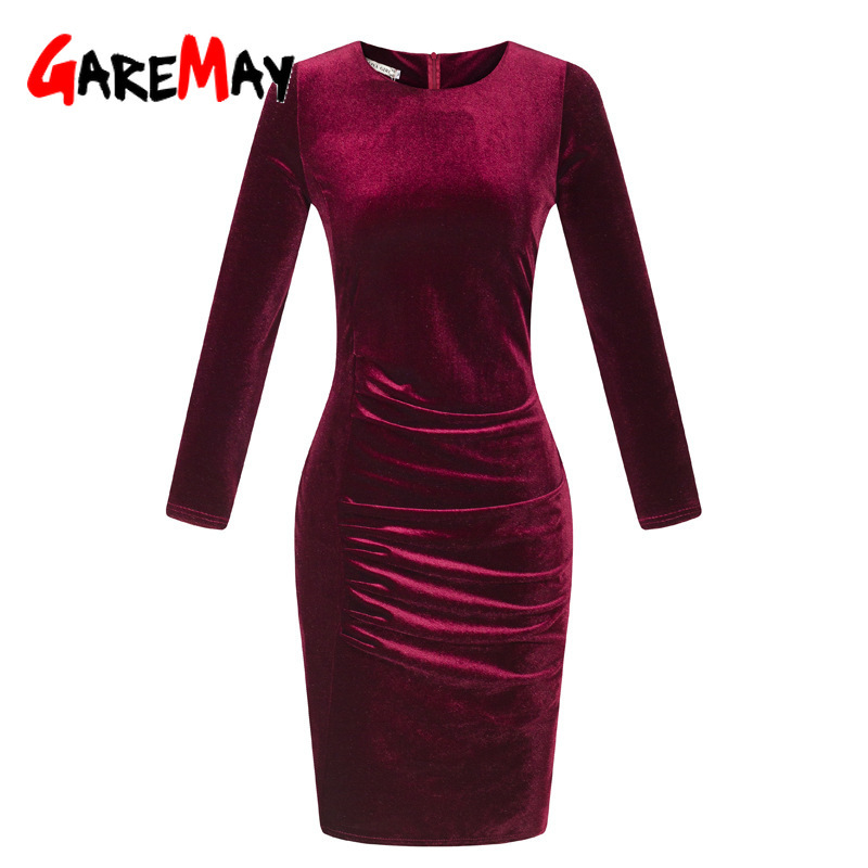 GareMay autumn winter casual dress velvet Women Slim long sleeved short party vintage red blue sex es ropa mujer 210428