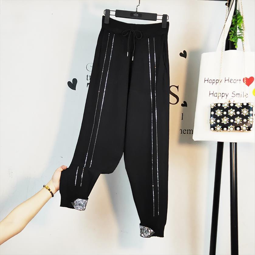 spring fashion knitting black womens pants high waist diamond harajuku casual loose trouster design kz104, Black;white
spring fashion knitting black womens pants high waist diamond harajuku casual loose trouster design kz104, Black;white