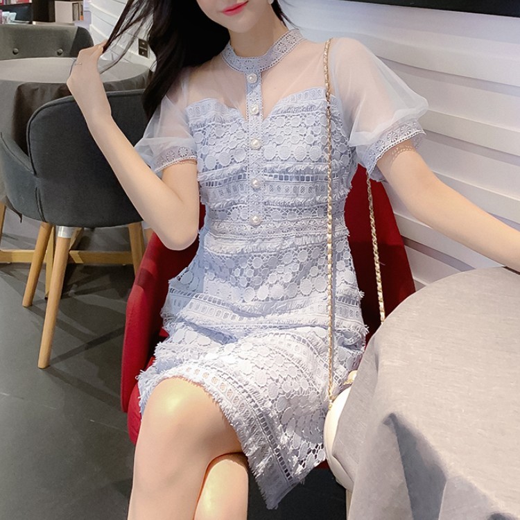 Summer Embroidery Hollow Out Lace Dress Women Fashion Stand Collar Mesh Puff Sleeve Single-Breasted High Waist Mini 210519