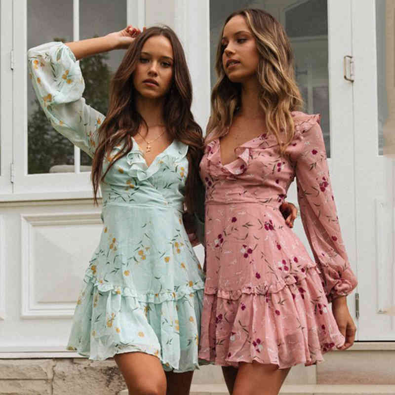 Foridol long sleeve sheer boho print dress women sexy backless lace up beach autumn dress floral green chiffon short dress 210415