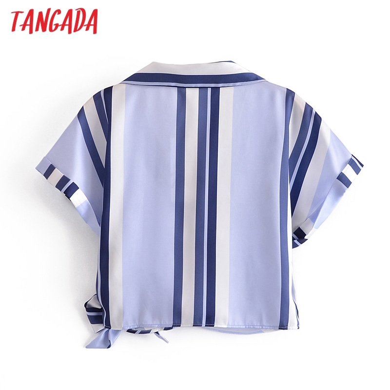 Women Blue Striped Print Summer Blouse Short Sleeve Chic Female Crop Shirt Blusas Femininas JE17 210416