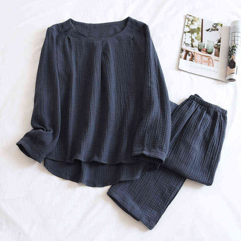 Japanese Simple Spring And Autumn Ladies Pajamas Two-piece Long-sleeved Trousers 100% Cotton Crepe Round Neck Home Service Set 211118