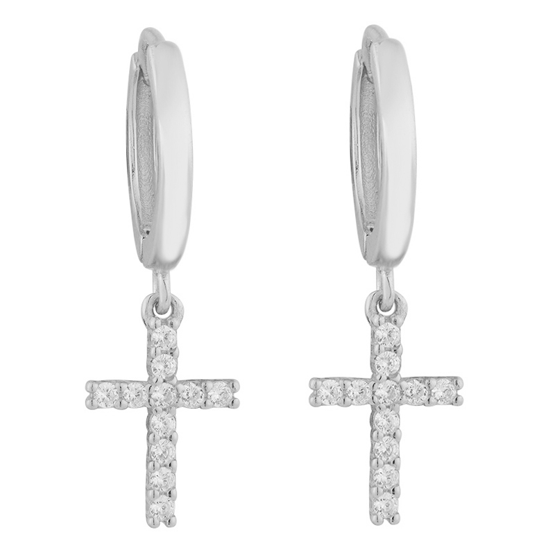 Authentic 925 Sterling Silver Gold Color Cross Dangle Hoop Earrings Women Girls Fashion Zircon Crystal Jewelry Gift Bijoux