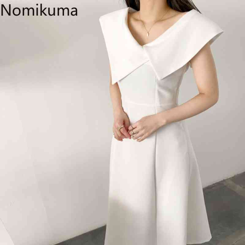 Nomikuma Korean Sleeveless Turn-down Collar Dresses Elegant Slim High Waist Woman Dress New Vestido De Mujer 6H267 210427